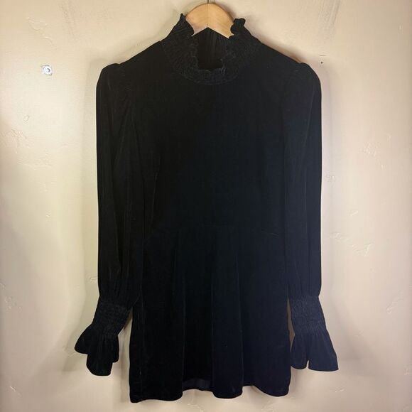 Zara Velour Black Mini Dress Size Medium Statement Arms Gothic Whimsigoth Witchy - Picture 2 of 7